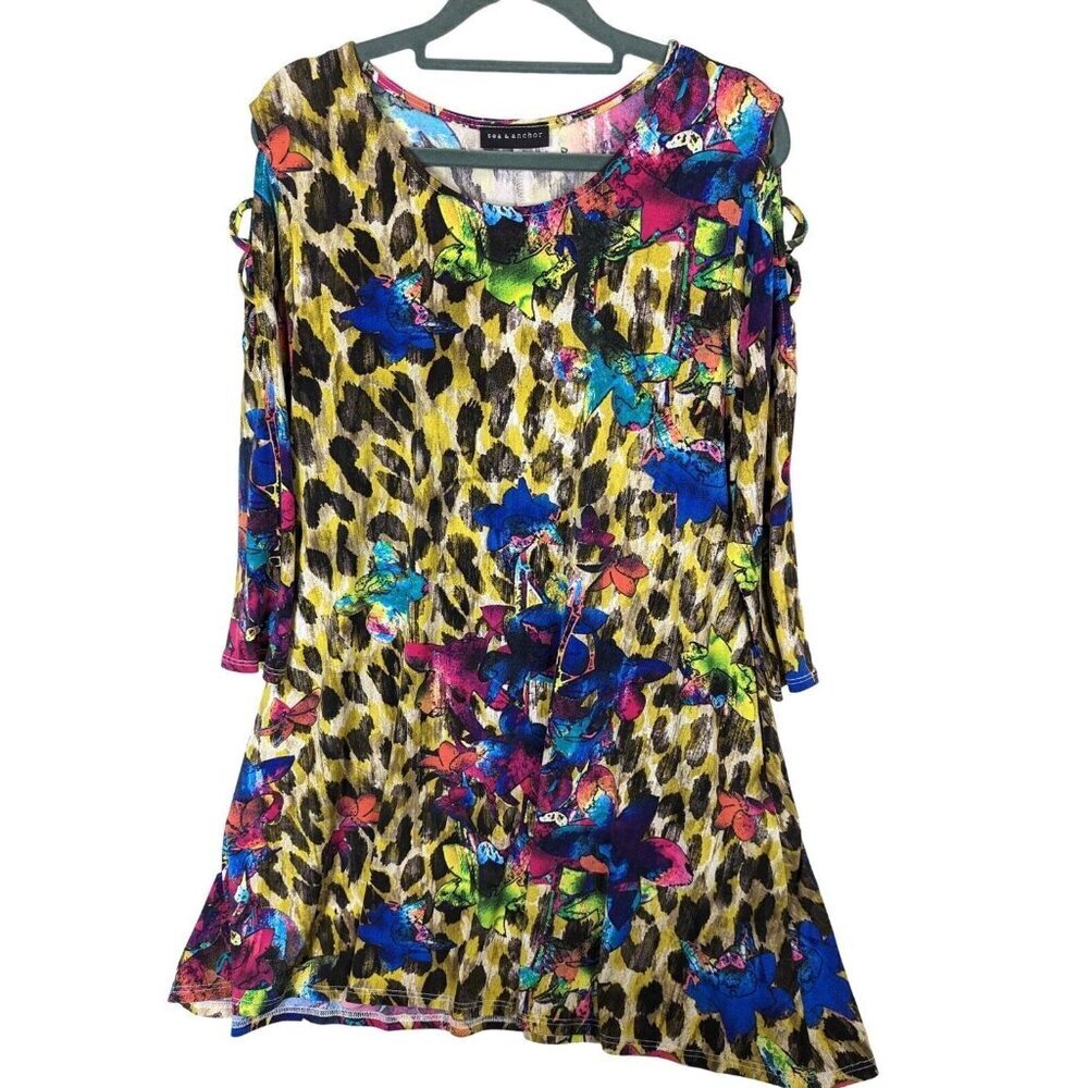 SEA & ANCHOR Tunic Dress Women Size L Side Pockets Peekaboo Sleeve Artsy Unique